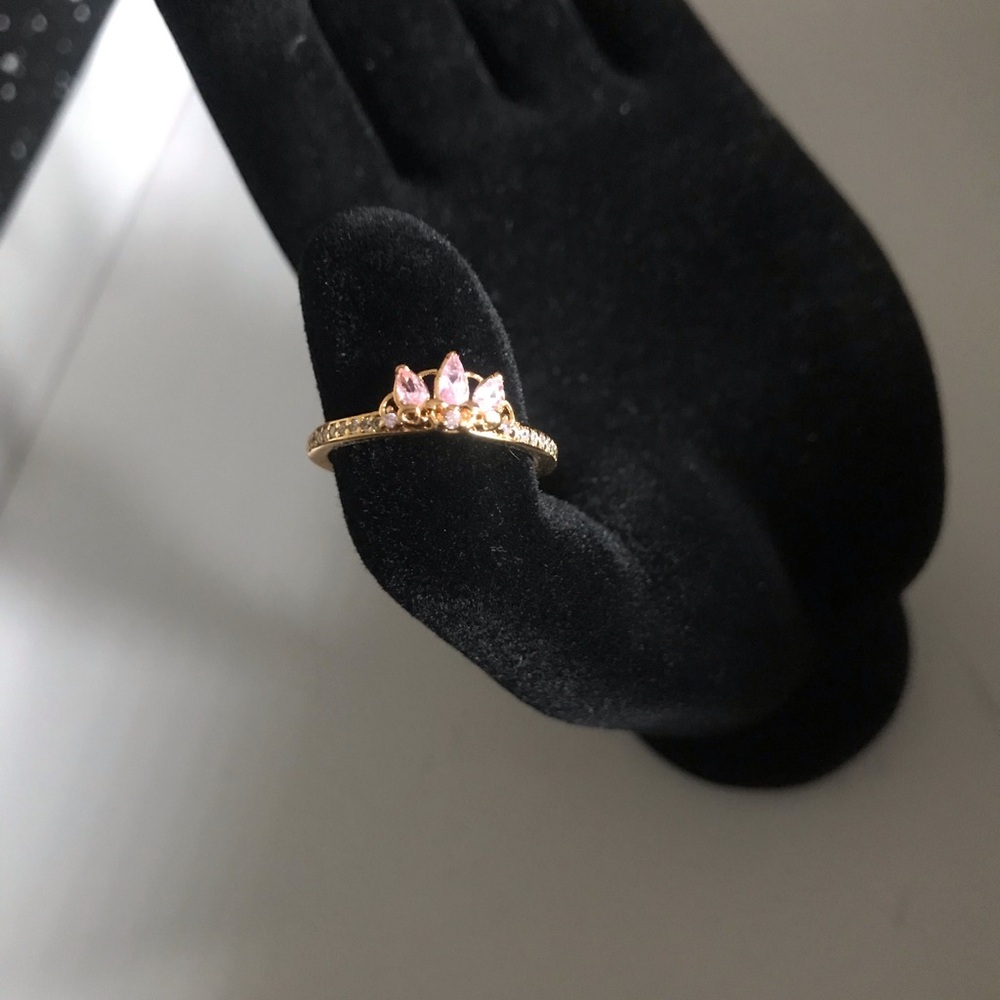 Ladies gold plated ring with pink crystals, Rapunzel ring, size 6.5